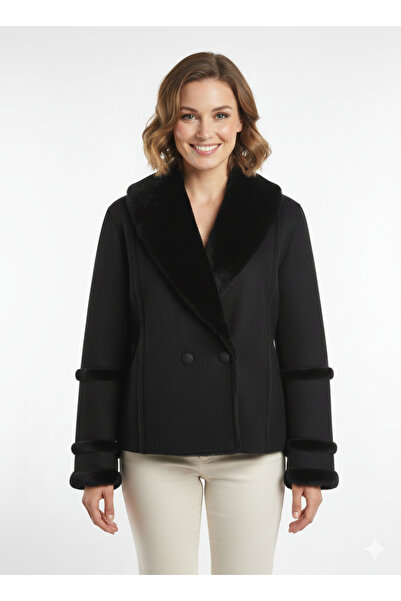 mooishan Werayss Shawl Collar Long Sleeve Coat with Fur Collar, Sleeves and Inside Fur