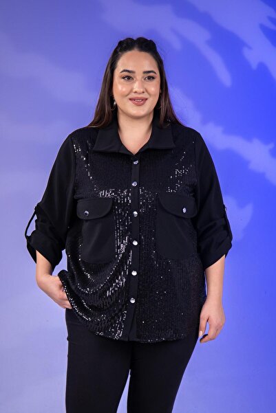 Roxxlen 3333136 Дамска блуза с джобове и пайети в черен цвят, голям размер