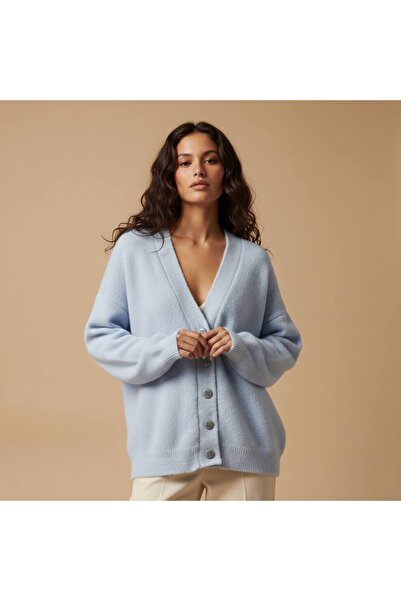 LWL Bebe Mavisi Oversize V Yaka Lüks Düğmeli Salaş Premium Örgü Peluş Dokulu ...