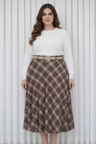 Enga Vera Women's Plus Size Plaid Patterned Long High Waist Side Zipper Winter Skirt (Lined Flowy Model)