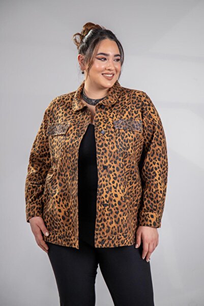 Roxxlen 333194 Γυναικείο παλτό μεγάλου μεγέθους Camel CEP STONE LEOPARD