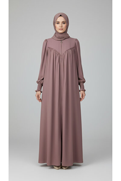 Berel Moda Manşeti Gipeli V Roba Büzgü Detaylı Krep Ferace-Gül Kurusu