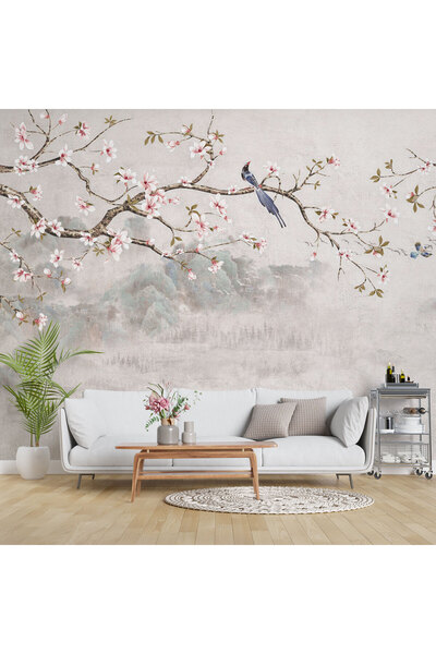 LOTUS AURA Kuşlu Pembe Çiçekli Duvar Kağıdı, Suluboya Duvar Resmi, Sakura Ağaç Dallı Duvar Dekoru