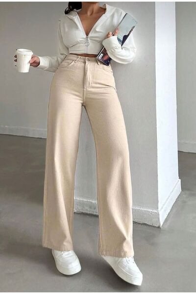 MRİABE KADIN BEJ YÜKSEL BEL ///GENİŞ///KESİM//BOL//PACA// PANTOLONU
