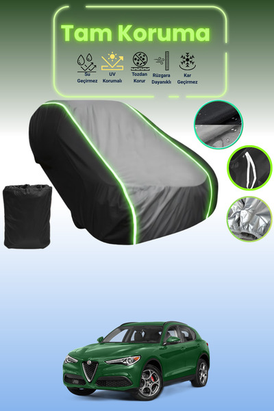 Dokaca Neo غطاء حماية متوافق مع سيارة ألفا روميو ستيلفيو قماش مجدّل باللون الأسود_الرمادي_الأسود النيون