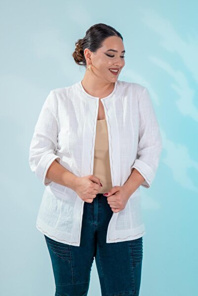 Roxxlen 112159 Κεντημένο μπουφάν μεγάλου μεγέθους σε λευκό χρώμα