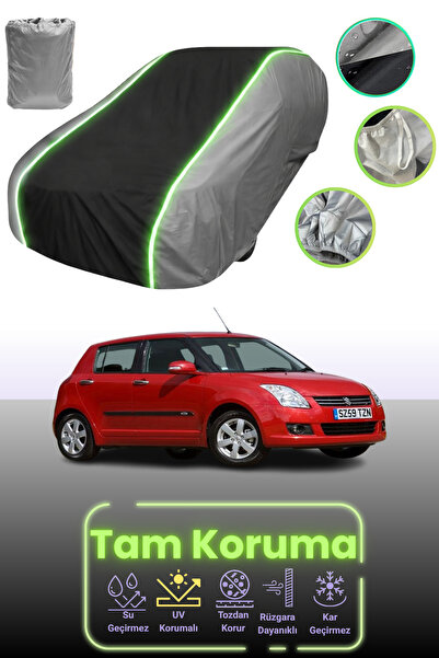 Dokaca Neo غطاء حماية للسيارة باللون الرمادي والأسود والرمادي النيون قماش مجدّل سوزوكي سويفت 3 أبواب 2005 - 2009 متوافق مع غطاء حماية السيارة