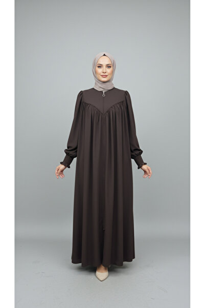 Berel Moda Manşeti Gipeli V Roba Büzgü Detaylı Krep Ferace Acı Kahve