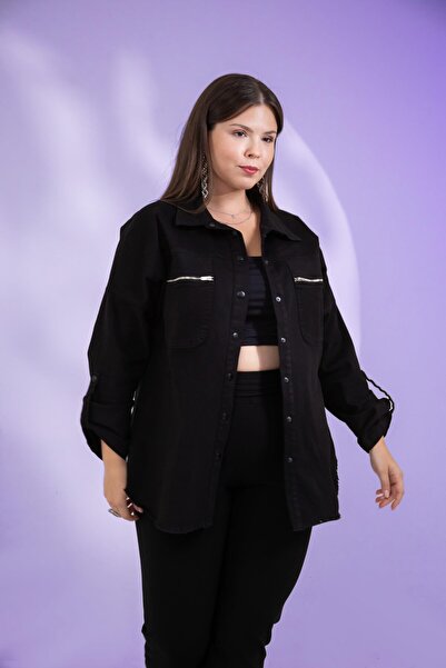 Roxxlen Plus Size Pocket Zip Detail Gabardine Women's Shirt Black