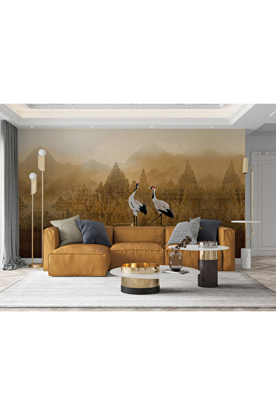 LOTUS AURA Doğa Manzara Temalı Turna Kuşlu Duvar Kağıdı, Sulu boya Efektli Du...