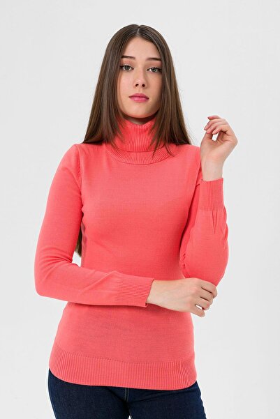 Miss Poem سترة تريكو نسائية أساسية ذات ياقة مدورة باللون المرجاني