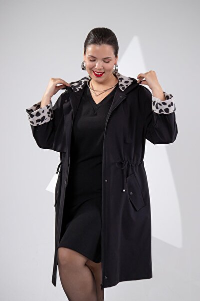 Roxxlen 122137 Trench negru cu imprimeu leopard pentru femei, mărime mare