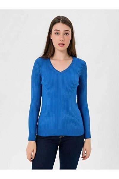 Miss Poem Women's V-Neck Slim Fit Corded Fabric Long Winter Dark Blue Knitwear Sweater