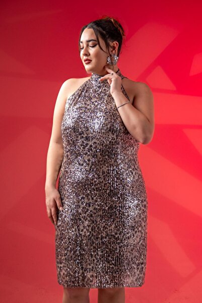 Roxxlen 122194 Rochie de seară cu paiete, cu paiete, neagră, mărime mare, pentru femei