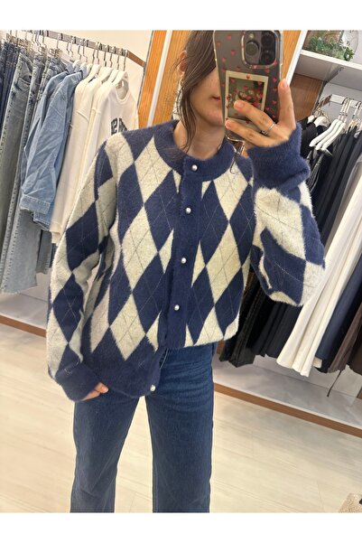 inmuse İnci Düğmeli Baklava Desenli Triko Hırka