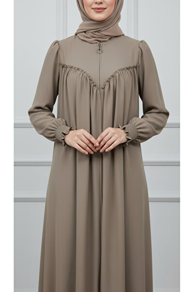 Berel Moda Manşeti Gipeli V Roba Büzgü Detaylı Krep Ferace-Taş