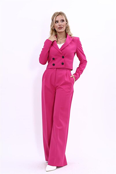 ÖNDER ÖZSOY Buttoned Mini Double-Breasted Jacket & High Waist Pleated Palazzo...