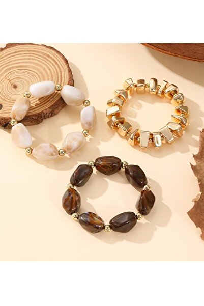 AYB DOĞAL TAŞ GÖRÜNÜMLÜ - GOLD DETAYLI ESNEK BİLEKLİK SETİ 3LÜ