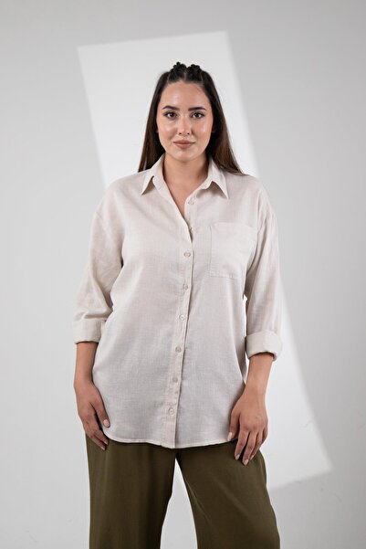 Roxxlen Cămașă de in, bej, cu un singur buzunar, mărime mare