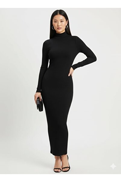buğlem collection Women's Ribbed Knit Long Sleeve Half Turtleneck 125 cm Pencil Dress