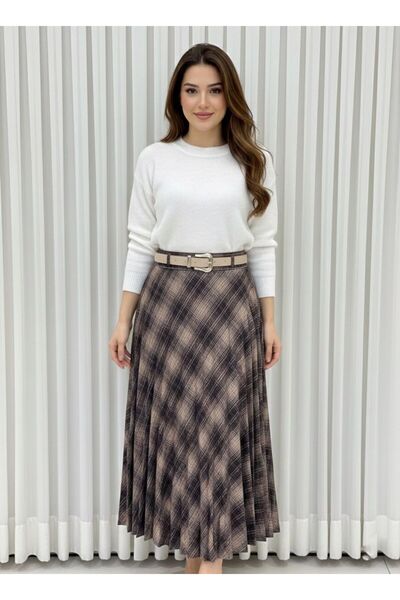 Enga Vera Women's Pleated Plaid Midi Skirt High Waist Comfortable Fit Daily Stylish Combination