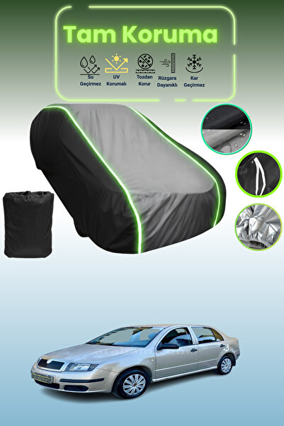 Dokaca Neo غطاء حماية متوافق مع سيارة سكودا فابيا سيدان قماش مجدّل من 2001 إلى 2006 باللون الأسود_الرمادي_الأسود النيون