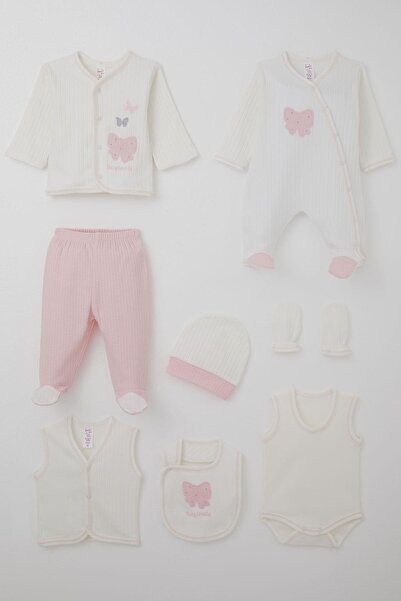Breeze Baby Girl Hospital Release 8-Piece Set with Bow & Butterfly Embroidery 0-3 Months, Ecru