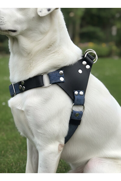 balkonda Dog Harness Medium and Large Breed Adjustable Denim & Leather Headba...