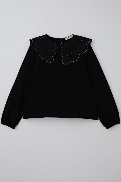 Breeze Μακρυμάνικη μπλούζα για κορίτσια με κέντημα λουλουδιών γκαρνταρέτα 7-14 ετών, μαύρο