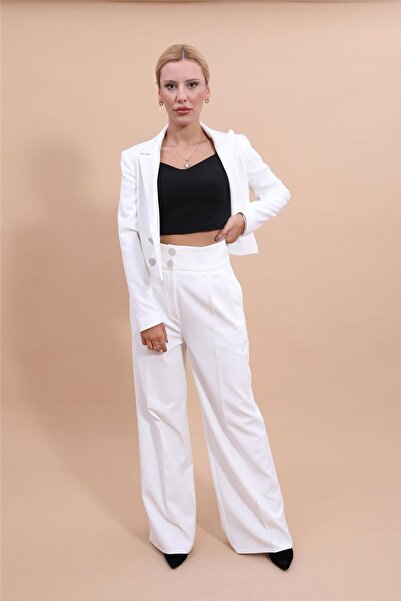 ÖNDER ÖZSOY Buttoned Mini Double-Breasted Jacket & High Waist Pleated Palazzo...