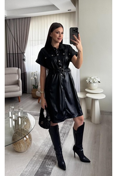 Miasista Çift Cep Detay Deri Elbise