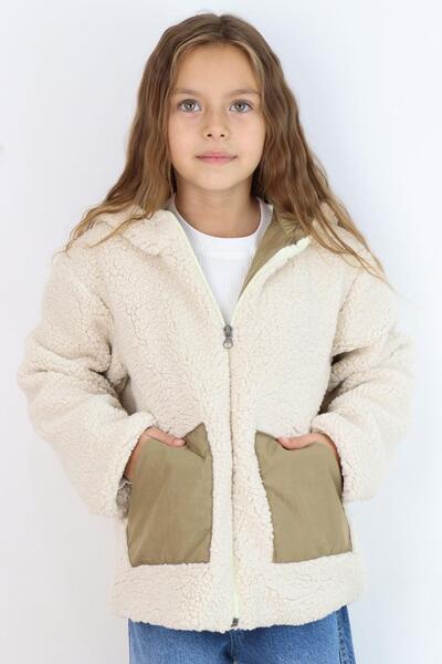 REYCAN Girl's Plush Coat Hooded Zippers, Ages 5-8, Stone