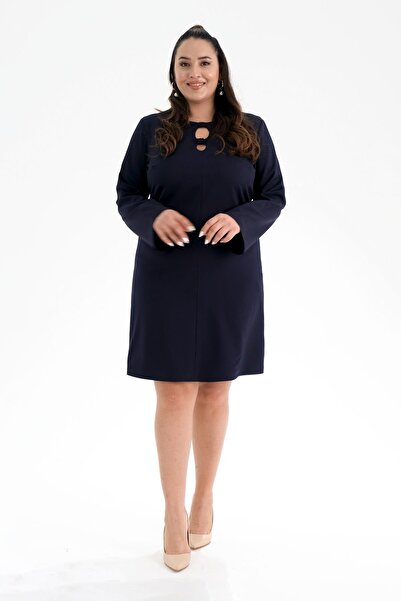 Roxxlen 122050 Rochie de damă, mărime mare, albastru închis, cu detaliu la guler