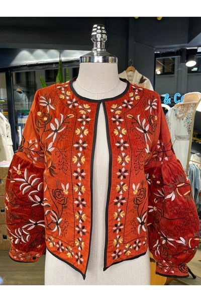 By-esq Women's Embroidered Long Sleeve Cotton Velvet Jacket