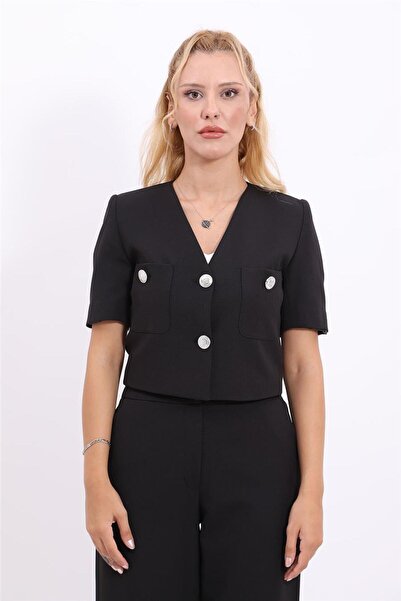 ÖNDER ÖZSOY V-Neck Mini Women's Jacket-Black