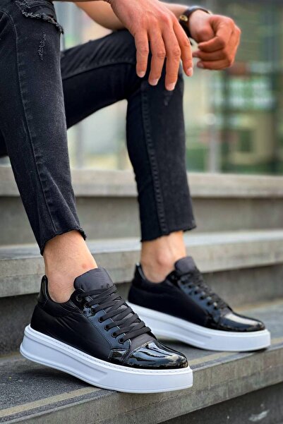 Mhoda Shoes Rlx-X46 Men's Casual Lace-Up Parachute Fabric Patent Leather Sports Sneaker Shoes Pkrbt - Black