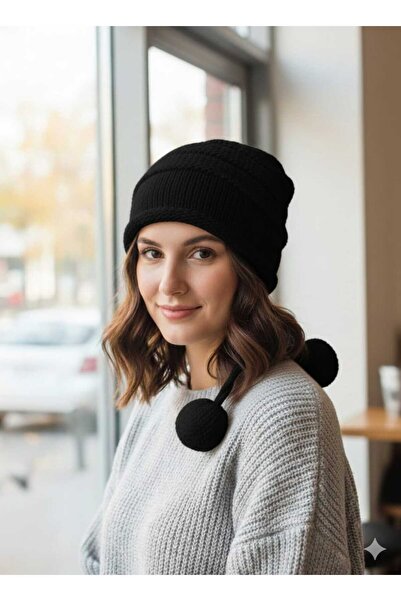 Betülce قبعة تريكو منقوشة بتفاصيل بوم بوم من الخلف للنساء |   قبعة شتوية ذات ...