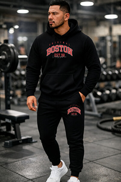 DEEPSENCE Men's Black Hooded Tracksuit Set Boston Red Printed