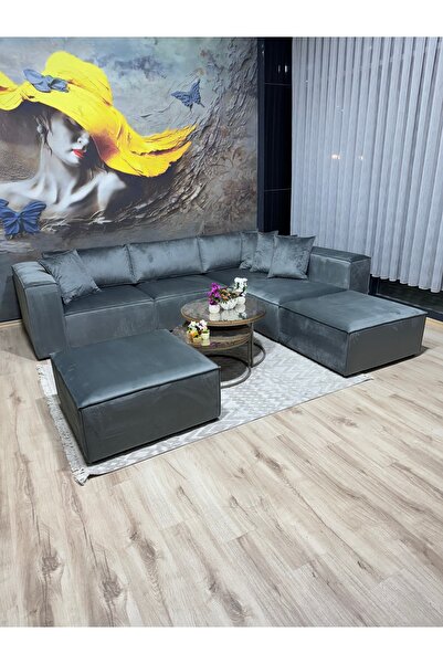 Erduran Mobilya Angelo 4 modül +2 puf Bayb face Antrasit sırt minderli köşe k...