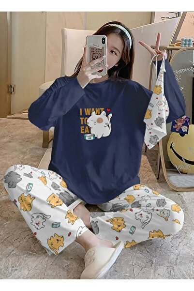 Silona Homewear Bahd Cat42 Navy Süpersoft Kadın Pijama Takımı