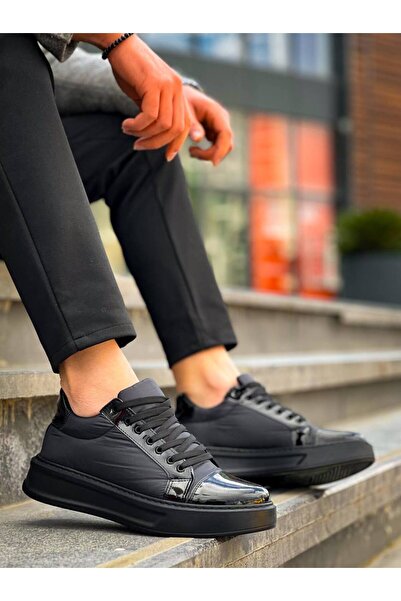 Mhoda Shoes Rlx-X46 Men's Casual Lace-Up Parachute Fabric Patent Leather Sports Sneaker Shoes Pkrst - Black