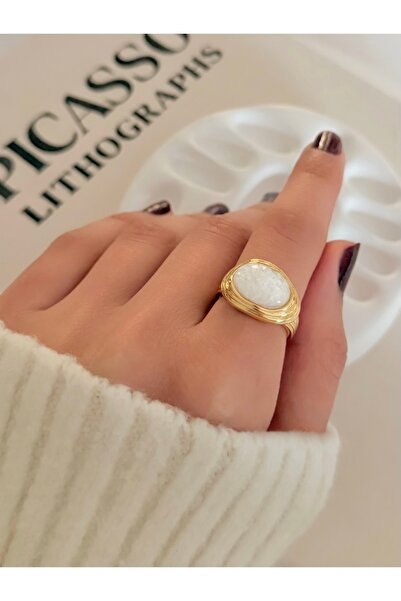 FIERA JEWELRY خاتم نسائي ذهبي بيضاوي الشكل من الحجر الأبيض قابل للتعديل