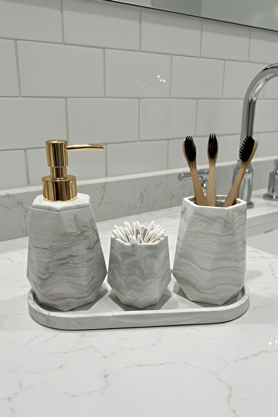 Elizovi طقم حمام فاخر من 4 قطع بملمس رخامي |   حامل صابون فاخر، حامل فرشاة، ح...