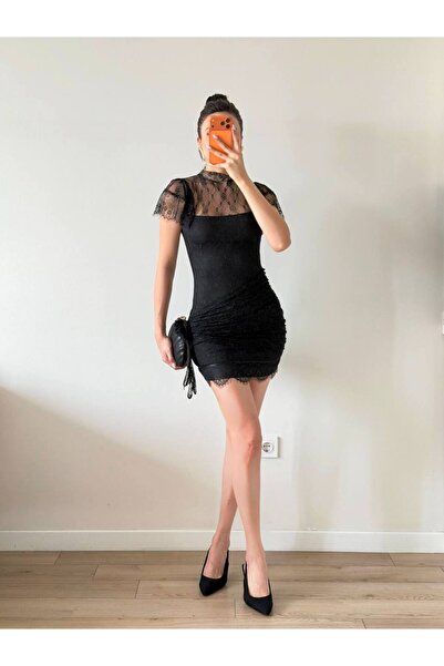 Miss Beyoğlu Dantelli Gül Saçak Detaylı Astarlı Mini Elbise