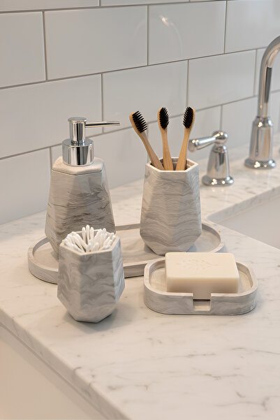 Elizovi Marble Textured 5 Piece Luxury Bathroom Set |   Soap Dish, Brush Hold...