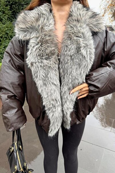 Lavanta Tekstil Leather-Look Design Coat with Fur Collar