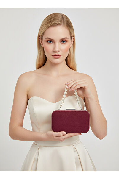 Biçanta حقيبة سهرة نسائية فاخرة من الجلد السويدي باللون الفضي العنابي مع مقبض لؤلؤي لحفلات الزفاف والخطوبة والتخرج