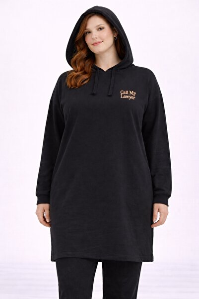 Şans Hanorac lung pentru femei, mărime mare, negru, cu glugă 2 fire tricou 65N39295