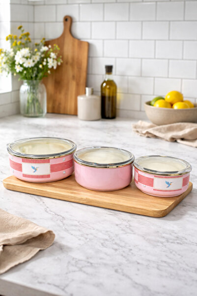 sonnenflügel Emaye Vakumlu Silikon Kapaklı 3'lü Saklama Kabı 14-16-18 cm (Lov...