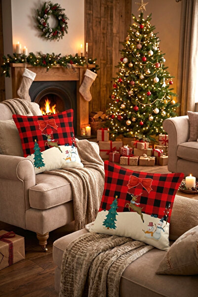 vevons New Year Themed Throw Pillow Cover Deer and Snowman Patterned Digital Printed Decorative Pillowcase